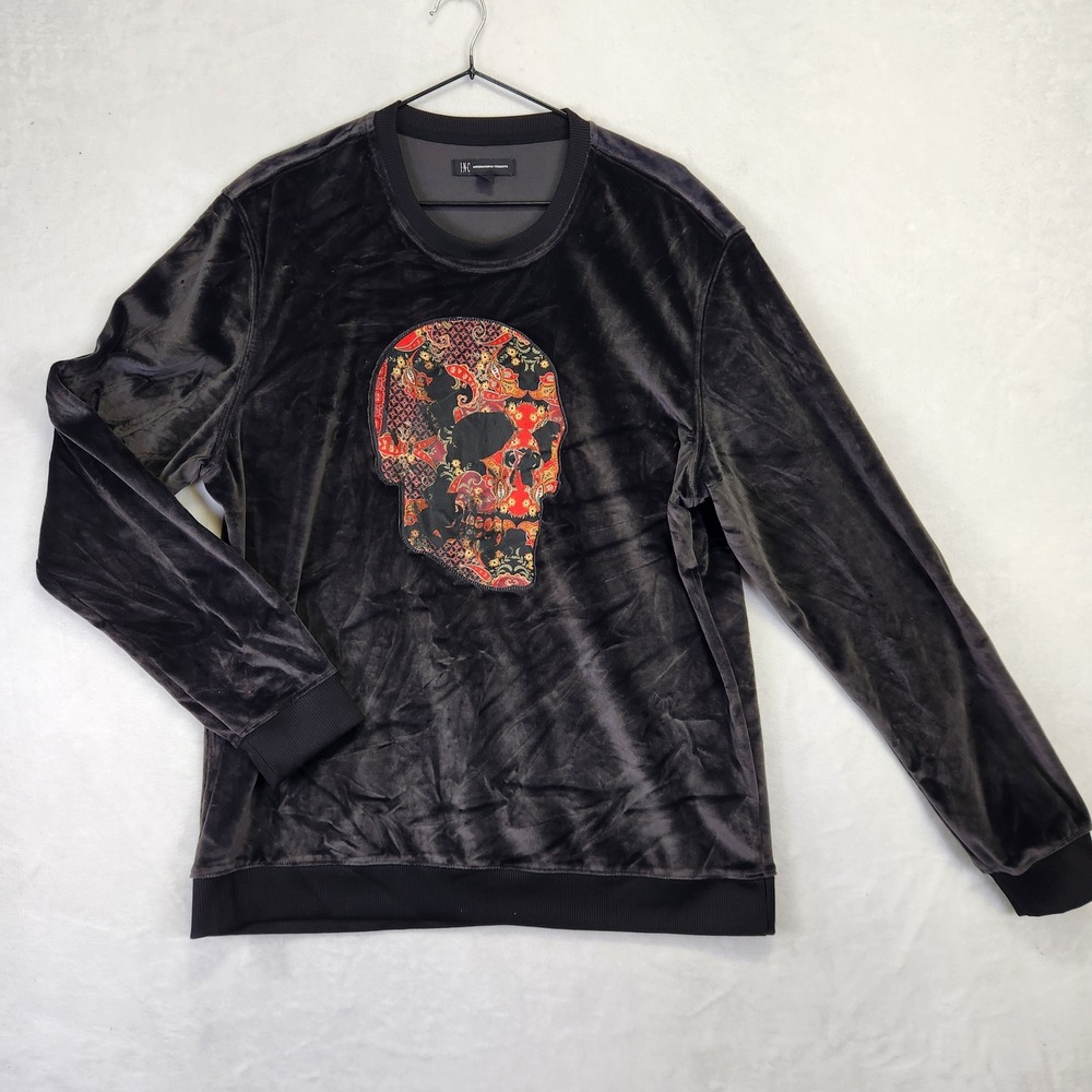 INC International Concepts Mens Black Velour Paisley Skull‎ Graphic Sweatshirt L